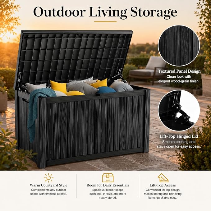Outdoor Deck Patio Storage Box - 200 Gallon Large Outdoor Deck Box, Plastic Storage Bin with Lid, Outside Toy Box & Pool Storage Container for Cushions, Garden Tools, Towel, Black