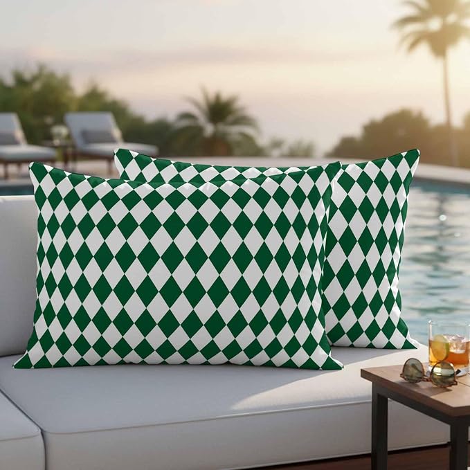 Modern Green White Diamond Outdoor Pillow Covers Set of 2,Decorative Waterproof Throw Pillow Case,Minimalist Geometric Plaid Cotton Linen Soft Cozy Cushion Pillowcases