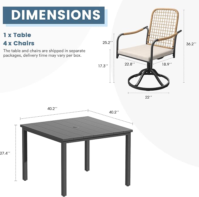 DIFY 5 Pieces Outdoor Dining Set, Metal Patio Table and Chairs Set for 4, 40.2" Square Dining Table with Umbrella Hole & Wicker Swivel Patio Chairs with Cushions, Grey Tabletop