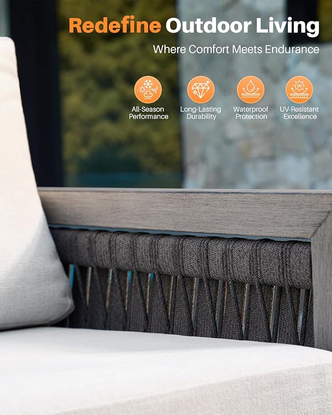 3-Piece Patio Furniture Set, Aluminum Patio Bistro Set with Washable Cushions, Rope Weave Patio Conversation Set with Side Table, Outdoor Furniture Set for Garden, Balcony, Deck, Gray Oak