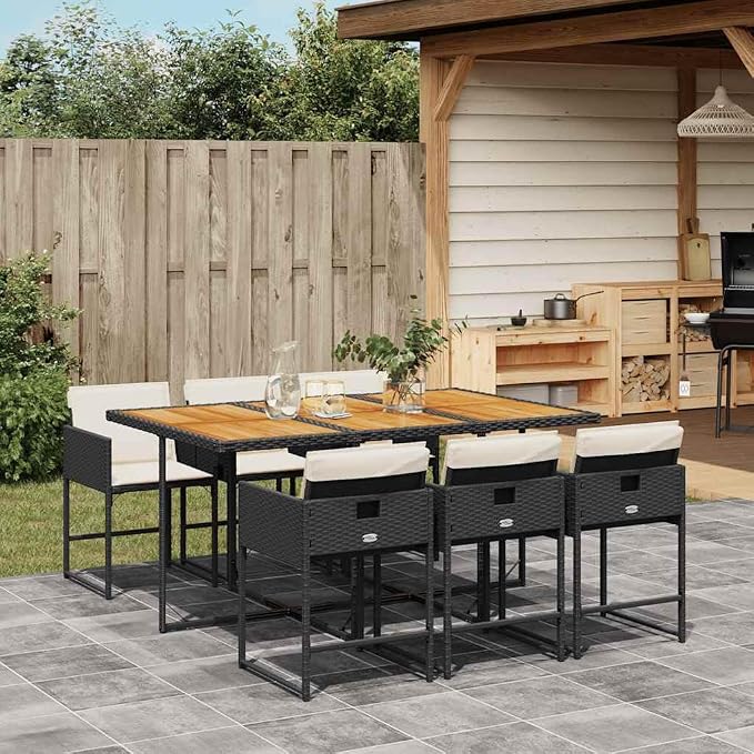 7 Piece Outdoor Patio Dining Set with Cushions Black Poly Rattan Wicker Acacia Wood Table Folding Chairs for Garden Backyard Deck