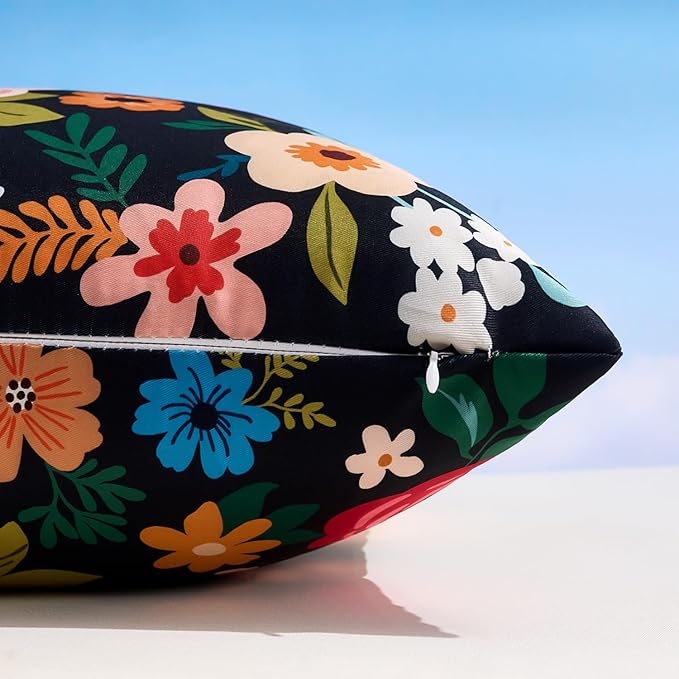 Outdoor Waterproof Pillow Covers Decorative Black Floral Pillow Covers Summer Accent Square Couch Covers Garden Farmhouse Throw Cushion Cases 20x20 Inch Set of 2 for Patio Tent Balcony Bench Sofa