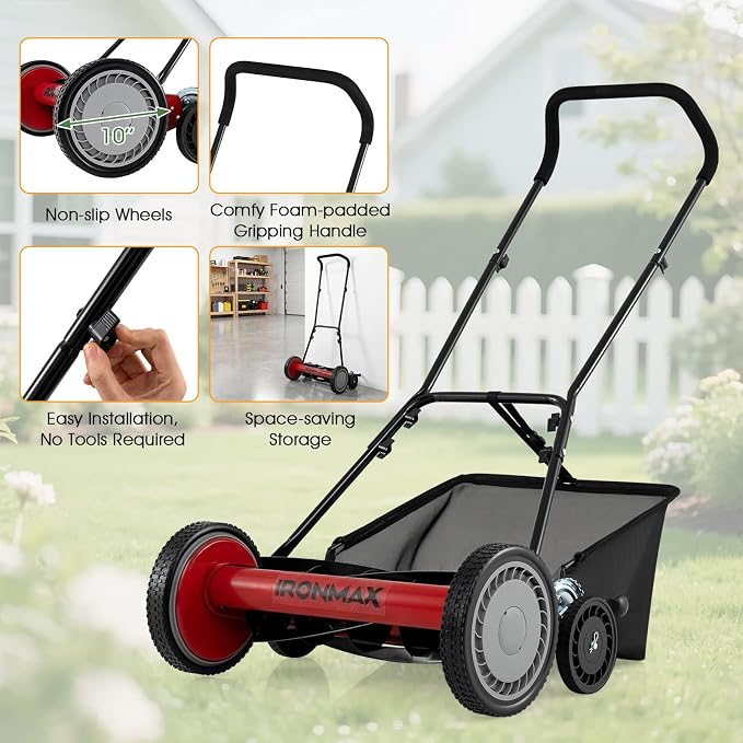IRONMAX 18 Inch 5-Blade Push Reel Lawn Mower, 9-Level Adjustable Cutting Heights, Removable Grass Catcher, Lightweight No Motor Walk-Behind Manual Grass Cutter for Garden Yard Park (Red, 18 Inch)