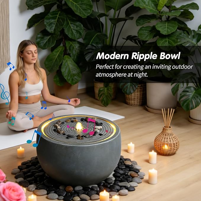 Water Fountain Outdoor Round Bowl 19" W 12" H with Electric Warm LED Lights for Patio Yard Garden Decor, for Housewarming & Garden Lovers