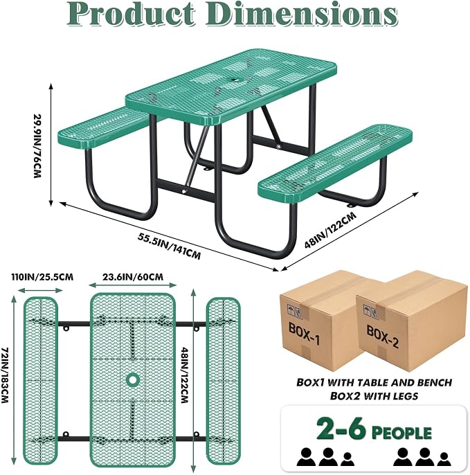 4FT/48IN Heavy Duty Outdoor Picnic Table and 2 Benches for 2-6 People, Weather Resistant Rectangular Steel Picnic Table Set with Umbrella Hole for Yard Patio Lawn Party Green