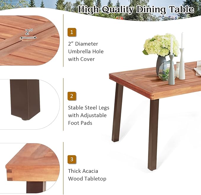 Tangkula 6 Pieces Wicker Patio Dining Set, Patiojoy Outdoor Dining Furniture w/ 1 Acacia Wood Tabletop Dining Table, 4 Stackable Chairs & 1 Rattan Bench, Backyard Garden Steel Frame Conversation Set