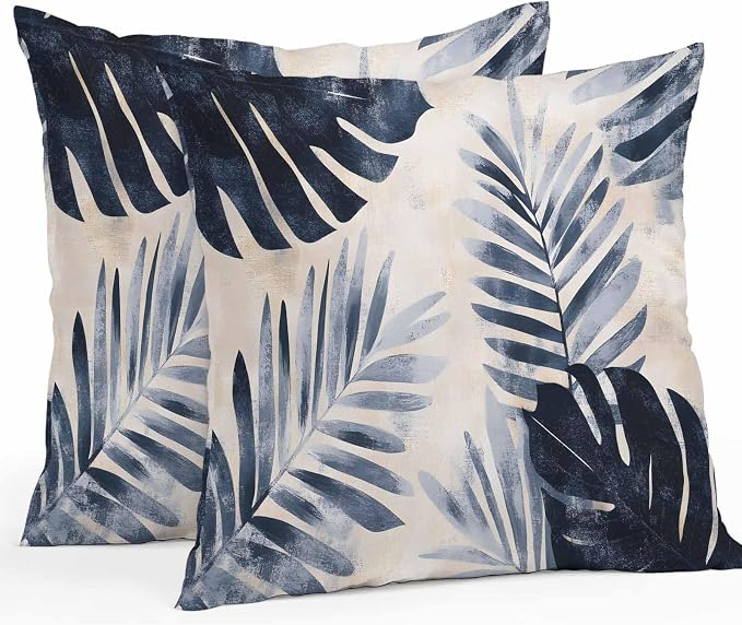 Pack of 2 Waterproof Outdoor Pillow Covers 20x20 Inch Decorative Pillow Covers Navy Blue Palm Leaves Throw Pillowcases Tropical Botanical Retro Outdoor Cushion Cover for Couch, Patio, Tent
