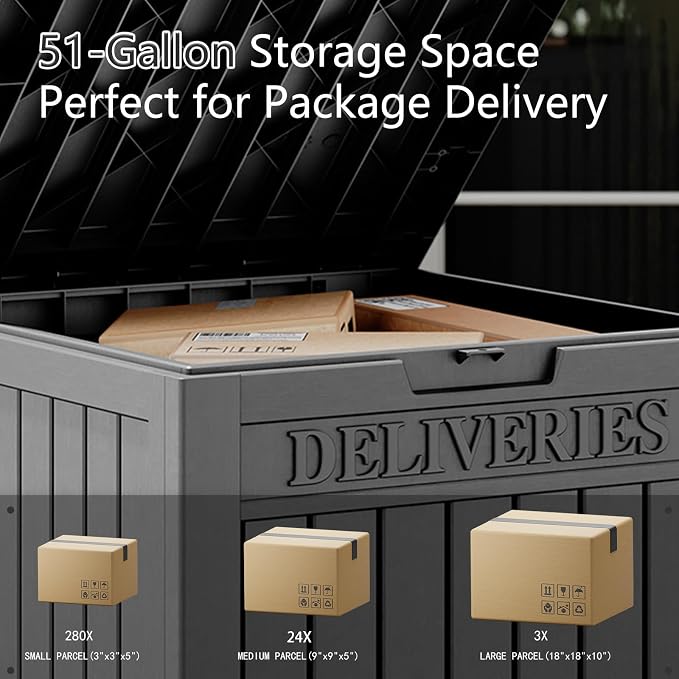 NUNU LAB Package Delivery Box for Outside, 51 Gallon Storage Deck Box with Lockable Secure, Waterproof Large Resin Drop Boxes for Porch