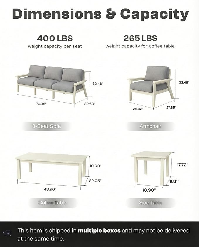 Patio Furniture Set 8 Seats, HDPE Outdoor Sectional with Gray Washable Thick Cushions, Coffee Table, Patio Conversation Sets for Lawn, Garden, Porch, Balcony, Deck (White Frame)