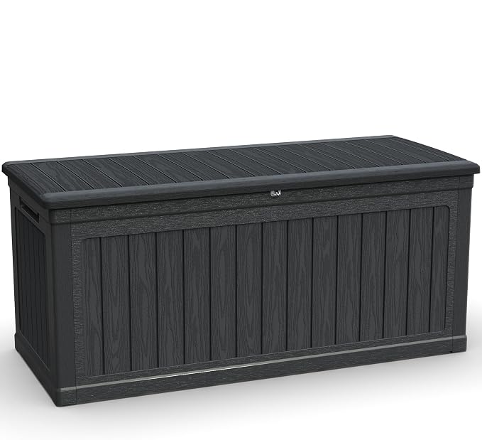 XXL Large Gallon Resin Deck Box, Waterproof Lockable Outdoor Storage Box, Black Organizer for Patio Furniture, Cushions, Garden Tools, Pool & Sports Equipment (260, Gallons)
