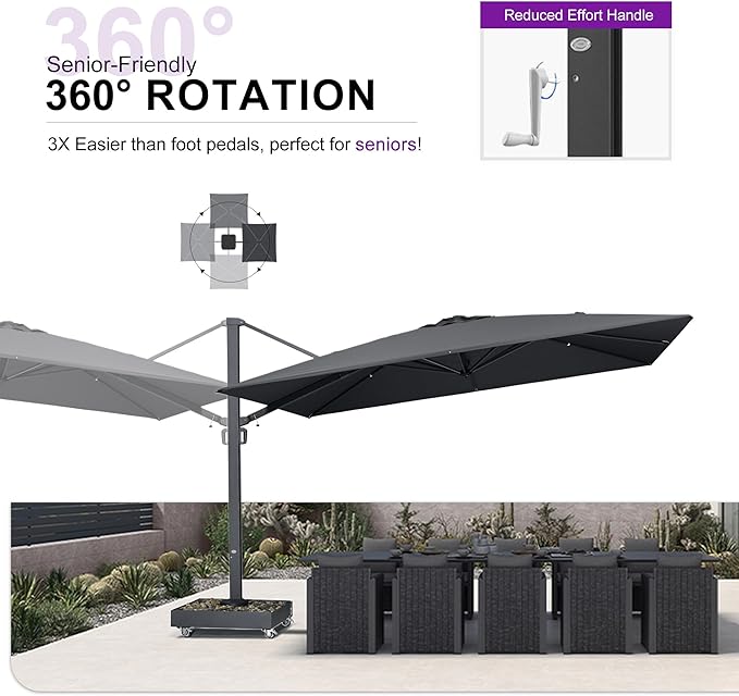 PURPLE LEAF 13' X10' Space Saving Rectangle Patio Umbrella Large Outdoor Aluminum Offset Umbrella with 360-degree Rotation Cantilever Umbrella for Garden Deck Backyard Pool Grey