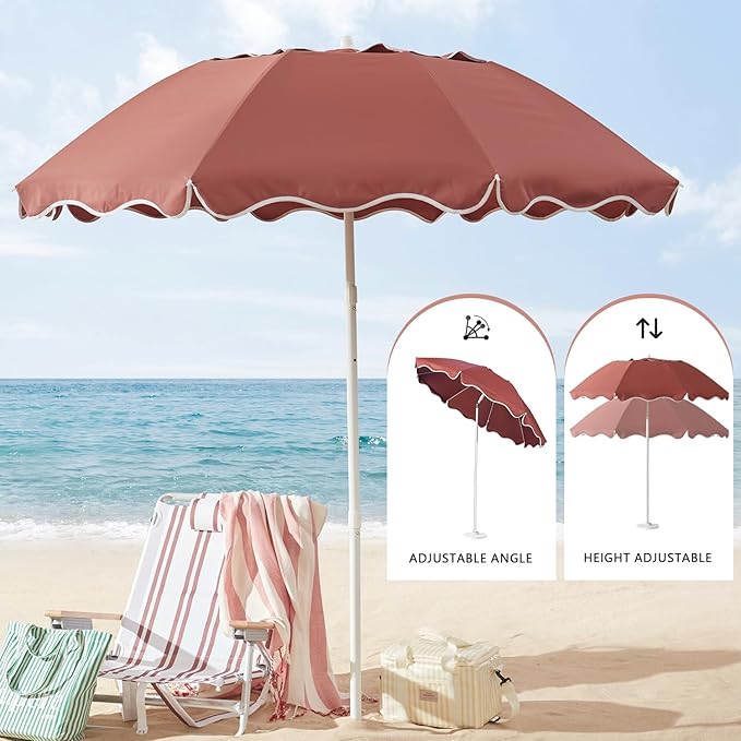 7.2FT Patio Beach Umbrella, Adjustable Height and Tilt Design, UPF 50+ Sun Protection with Silver Coating, Wind-Resistant Fiberglass Ribs, Portable 2-Fold Design, Includes Carry Bag, Base Not Included
