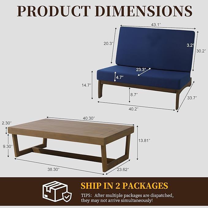 UIXE Wood Patio Furniture Sets, 2 Pieces All Weather Patio Loveseat Outdoor Sofa with Solid Wooden Coffee Table - Navy Blue