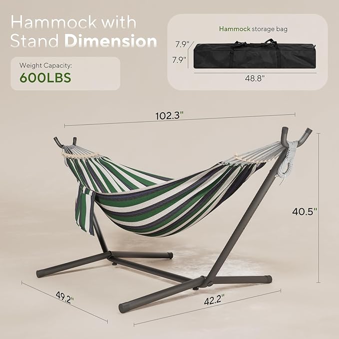 600lbs Hammock with Stand for Outside, 2 Person Portable Hammock with Side Storage, Carrying Bag, Expend Wooden Bar for Outdoor or Indoor (Green Black)