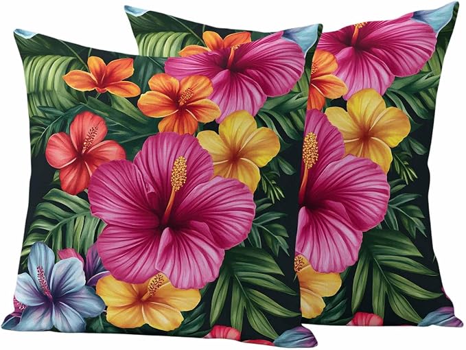 Hibiscus Flower Pink Floral Waterproof Pillow Covers Set of 2,Country Watercolor Green Leaves Outdoor Pillow Protectors with Zipper Pillowcases for Patio Tent Garden Beach 26x26 Inches