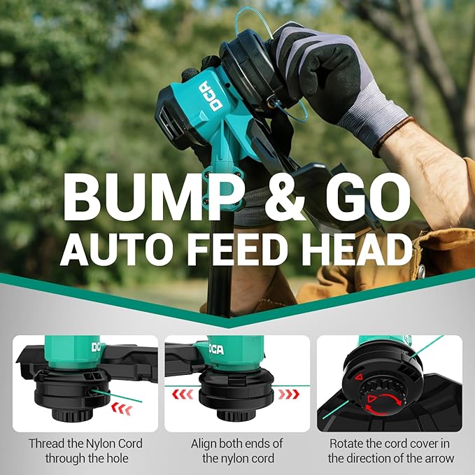 DCA 20V 14" String Trimmer Cordless, 3-in-1 Brushless Weed Eater with Auto Feed, 2-Speed Electric Grass Trimmer with Dual Safety Switch, includes 4.0Ah Battery & Charge, Shoulder Strap for Garden Tool