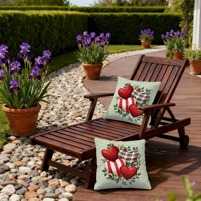 18x18 Inch Outdoor Pillow Covers Set of 2 Waterproof Throw Pillow Covers Decorative Couch Cushion Covers Hearts Striped Plaid Square Pillowcases Protectors for Patio Garden Sofa