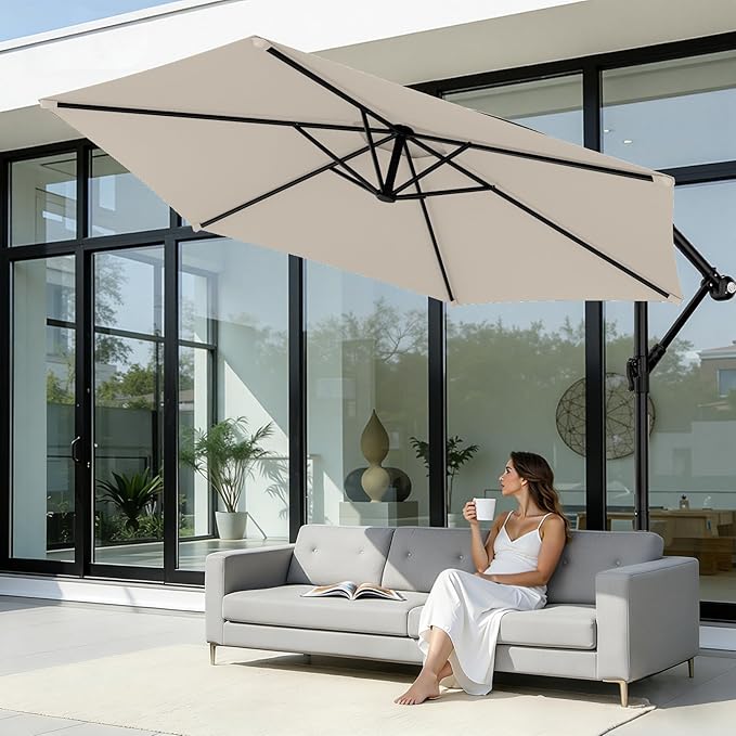 AreShark 10FT Patio Outdoor Umbrella, Offset Patio Umbrella Cantilever Umbrella, 6 Sturdy Ribs, Easy Adjustment for Garden Market Pool with Cross Base (Cream White)