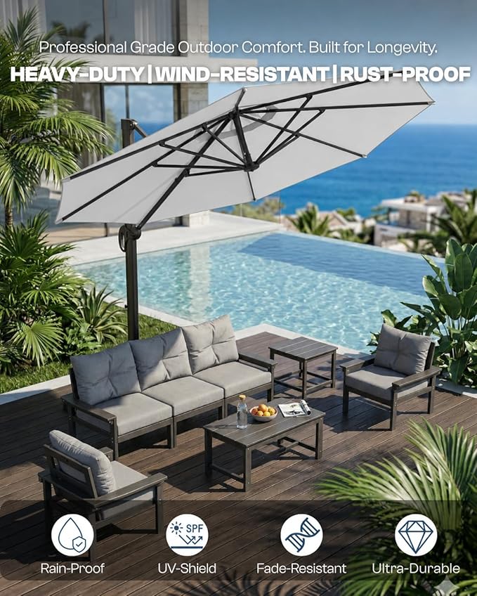 10 FT Round Cantilever Umbrella,Easy Tilt, Fade Resistant & 360° Rotation, Offset for Pool Deck Backyard Patiolight gray (Base not Included)