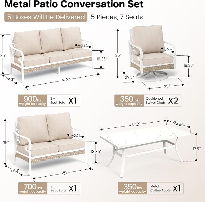 SUNSHINE VALLEY 6 Piece Metal Outdoor Patio Furniture Set, Patio Conversations Set 3-Seater Sofa, 2-Seater Sofa, 2 Swivel Chair with 5.75" Thick Cushion & Coffee Table White Backyard Furniture, Beige