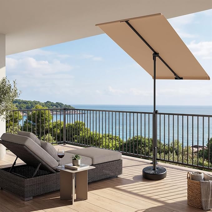 HOMSHADE 6x4ft Outdoor Balcony Umbrella - Flat Porch Pool Patio Umbrella Rectangular Canopy Shade UPF50+ UV Protection 360° Rotating & Tilting All Angles Applicable (Beige, No Base)