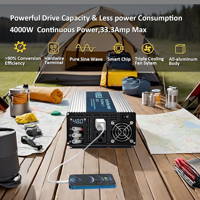 WZRELB 4000W Pure Sine Wave Inverter 48V DC to 110V 120V AC with LED Display,Remote Controller,Off-Grid Power Converter 8000W Surge with Dual AC Outlets, Hardwire Terminal for Home, RV, Truck, Camping
