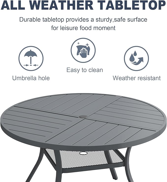 VICLLAX Patio 5 Pieces Outdoor Dining Set, 40.6" Round Metal Table with Umbrella Hole Storage Shelf, 4 Swivel Textilene Chairs for Lawn, Garden, Porch, Dark Grey/Grey