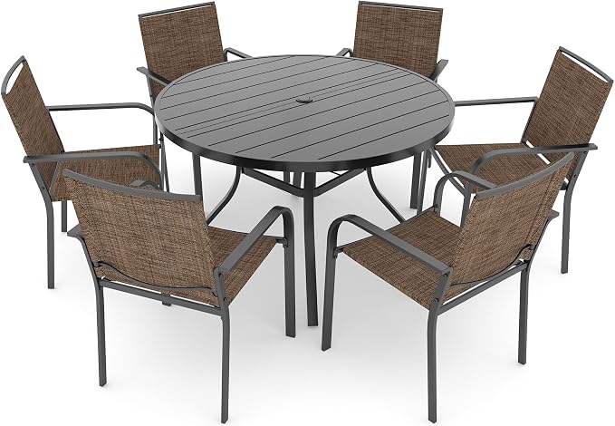 Anmutig 7 Piece Patio Dining Set 48 Inch Round Table Stackable Chairs Brown | Powder-Coated Steel Frame, Quick-Dry Textilene Mesh, Dual-Size Umbrella Hole, Weather Resistant, Patio, Garden, Backyard