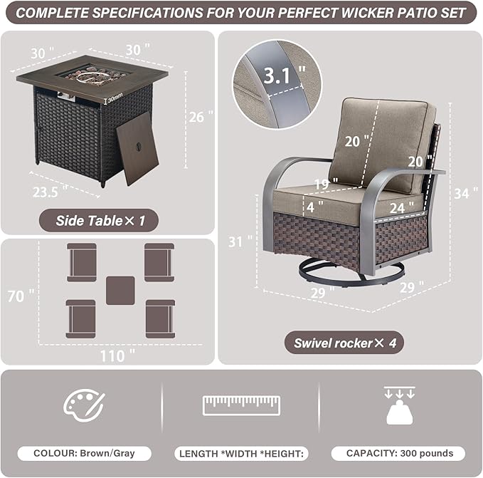 Belord 5 Pieces Patio Furniture Set with Fire Pit Table - 4 Outdoor Swivel Rocker Chairs with 50000 BTU Propane Fire Pit Table, Patio Conversation Sets for Outside Backyard Patio Casual Gathering