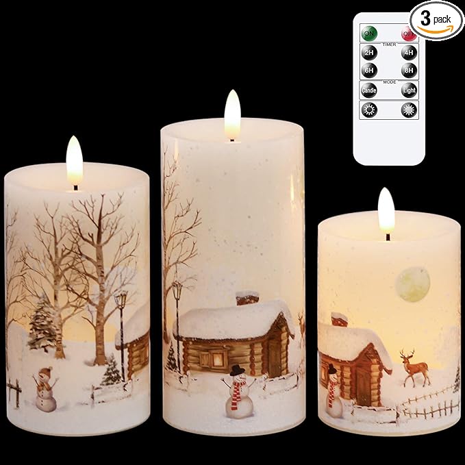 GenSwin Christmas Snowman Battery Operated Candles Flameless Flickering with Remote Timer, 3D Wick Real Wax Led Pillar Candles Warm Light, Christmas Snowman Deer Home Decor Gift(Pack of 3)