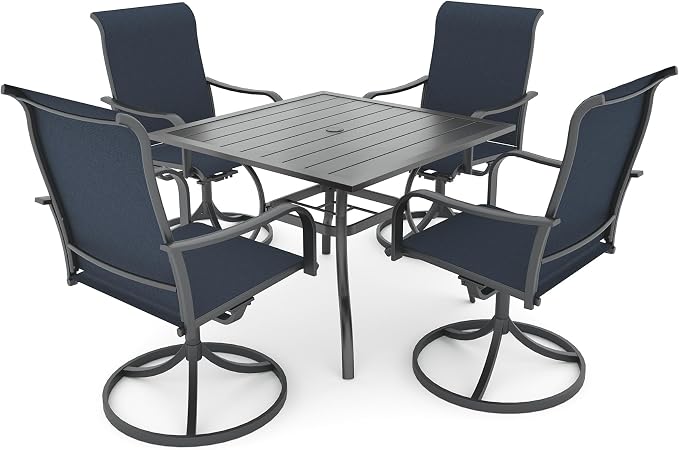 Anmutig 5-Piece Outdoor Dining Set, 35" Square Table with 4 Swivel Chairs, All Weather Frame Furniture Set, Blue