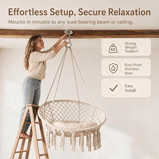 Light Beige Macrame Hammock, Stand-Free Hammock Without Stand, Cotton Porch Swing for Balcony Bedroom Homestay Garden Daily Relax Furniture