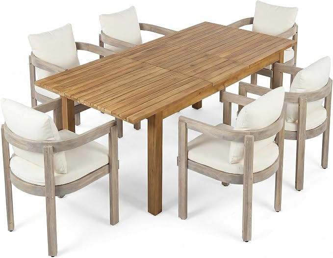 7-Piece Outdoor Patio Expandable Dining Table Set, All-Weather Acacia Wood Dinning Set with 6 Chairs and Cushions for Garden Backyard Balcony (Teak+Grey Chairs)