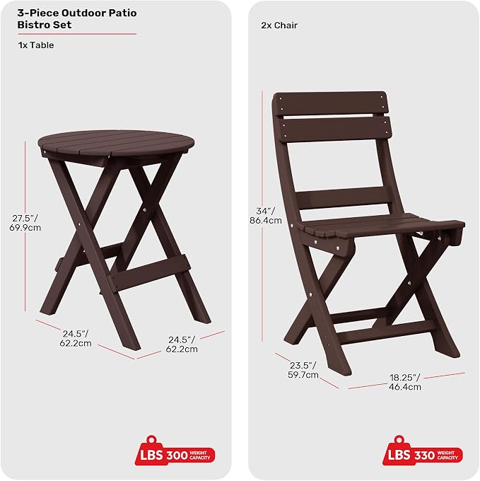 Costaelm Outdoor Bistro Table and Chairs Set of 2, Round Portable Folding Bar Height Barstool Set of 3, Tall Balcony Pub High Top Table 3 piece Patio Set for Deck, Backyard, Garden, Dark Brown