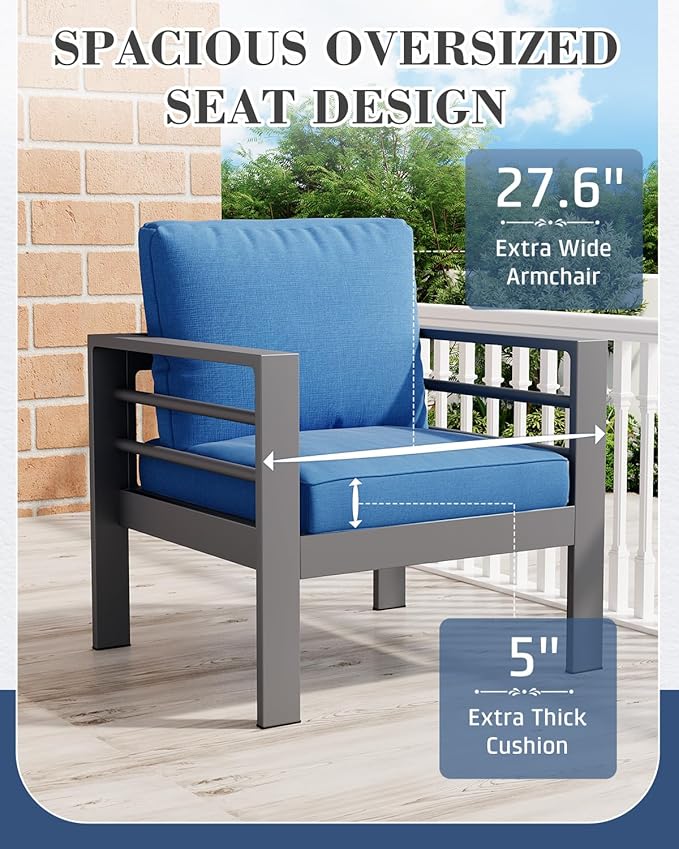 AECOJOY Aluminum Patio Furniture Set, 7 Seats Modern Outdoor Furniture with Coffee Table, 5 Pieces Metal Conversation Sectional Sofa, Blue