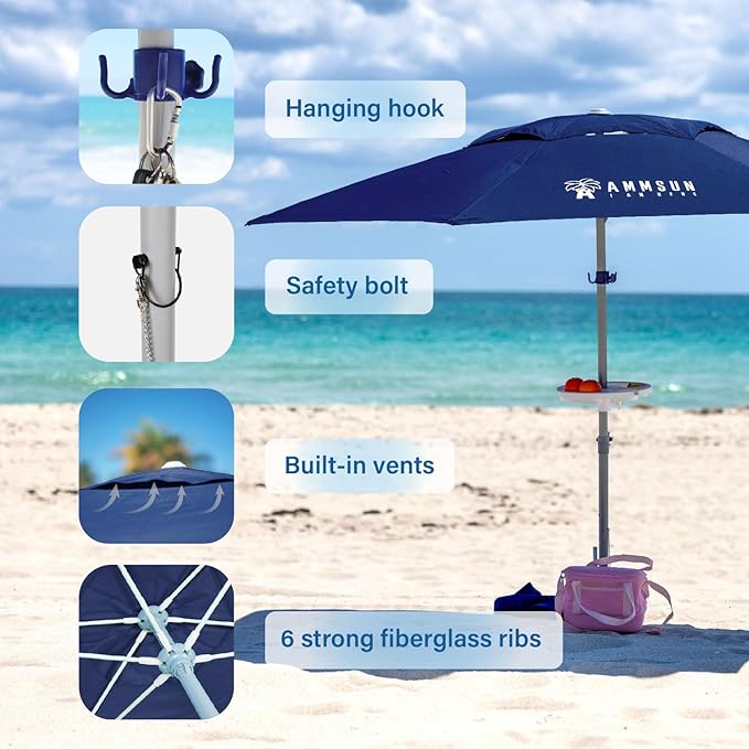 AMMSUN 8ft Large Beach Umbrellas for Sand Heavy Huty Wind Portable Commercial Grade Patio Beach Umbrella with Sand Anchor Hanging Hook Weight Sandbag Adjustable Height Air Vent UPF 50+ Telescoping Pole without tilt Navy