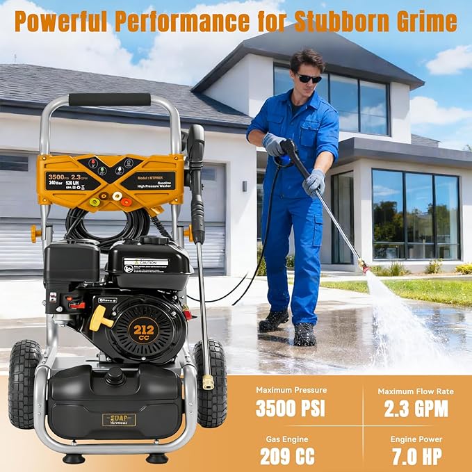 3500PSI Gas Pressure Washer, 212CC / 2.3GPM / 7HP / 4-Stroke Gas Power Washer with 4 Quick Connect Nozzles, 25FT Hose, Soap Tank, Gas Powered Pressure Washers for Driveways Decks Cars Paint Prep