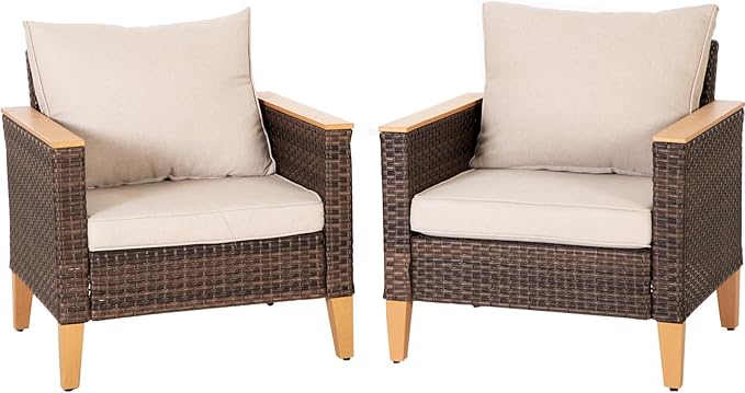 Sophia & William Outdoor Patio Sectional Sofa Set 2 Seats High Back Single Wicker Patio Furniture Chairs All-Weather Patio Conversation Set Outdoor Couch with 4" Thick Cushions, Beige