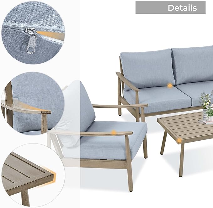 HAPPATIO Patio Outdoor Furniture Set - 4 Piece Aluminum Patio Conversation Set with 1 Coffee Table, 2 Armchairs and 1 Three-Seater Sofa, Aluminum Outdoor Furniture Set for Backyard Poolside(Brown)