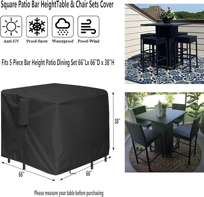 5 Piece Bar Height Patio Dining Set Covers, 66 Inch Outdoor Waterproof Square Wicker Table & Chair Sets Cover for Square Table and 4 Chairs - 66"L x 66"W x 38"H