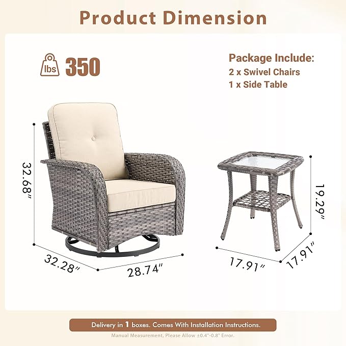 3 Pieces Outdoor Patio Furniture Set, Outdoor Wicker Rocking Patio Chairs Set of 2 with Coffee Table, All Weather Rattan Front Porch Chairs for Backyard, Garden, Poolside, Beige