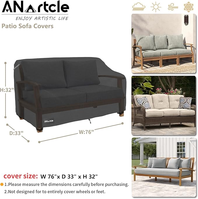 ANartcle 3-Seater Patio Sofa Cover,76W x 32.5D x 33H Inches Outdoor Couch Cover,100% Waterproof Heavy Duty Patio Sofa Covers,Patio Furniture Covers,Black