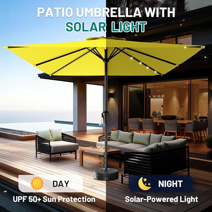 AreShark 8' X 10' Rectangular Patio Umbrella with Solar Lights, Lighted Solar Umbrella with Crank, Outdoor Table Umbrella for Garden, Deck, Backyard, Pool and Beach, Yellow