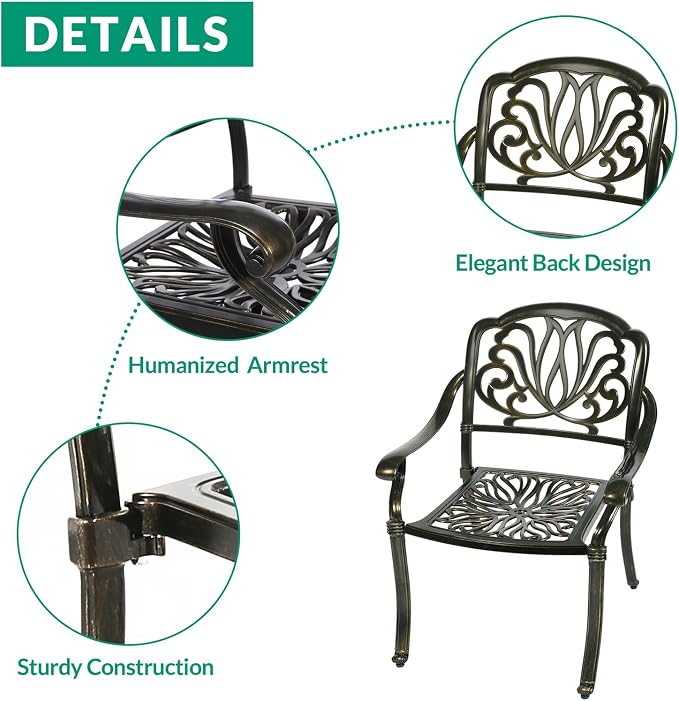 VIVIJASON 5-Piece Outdoor Cast Aluminum Patio Dining Set, All-Weather Conversation Furniture Set, Include 4 Chairs and a 35.4 inch Square Table w/Umbrella Hole for Balcony, Lawn, Garden, Backyard