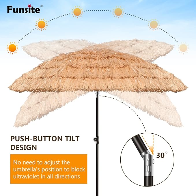 6/6.5/7.5/8ft Tiki Umbrellas for Outside, UV Protect Thatch Umbrella with Tilt Design, Thatch Patio Umbrella for Outdoor Tiki Bar, Tropical Palapa Tiki Hut Hawaiian Hula Beach Umbrella