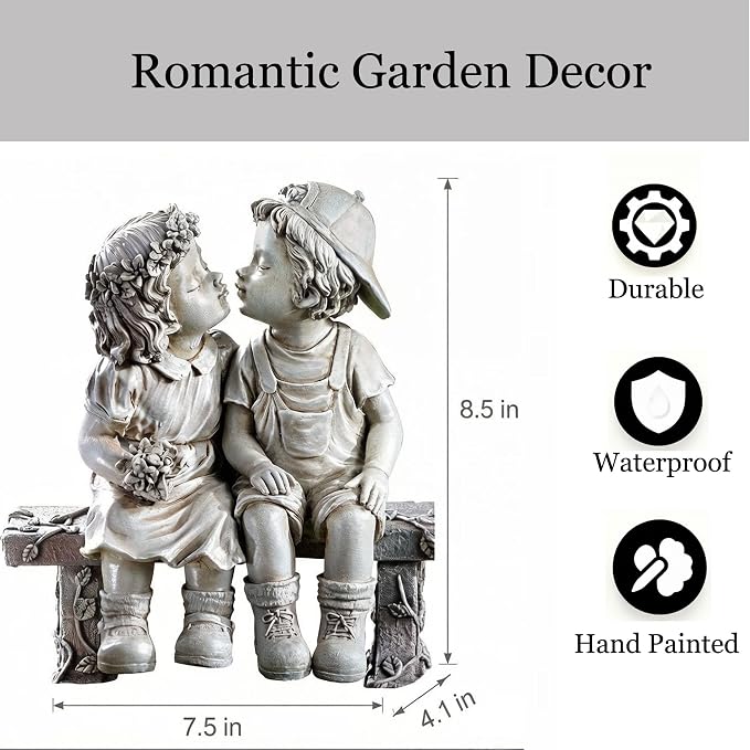 First Kiss Garden Outdoor Statue Decorative, Flower Bed Decor Puppy Love Kissing Couple, Boy and Girl Kissing Garden Figurine for Yard Patio Art