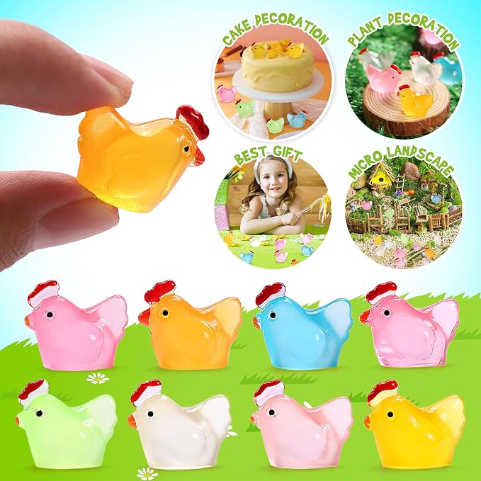 320 Pcs Luminous Mini Resin Chicken, Figurines Resin Miniature Animals 8 Colors, Glow in Dark Resin Chicken Hens Animal Figures for DIY Project, Garden, Dollhouse, Aquarium Decor, Glow at Night