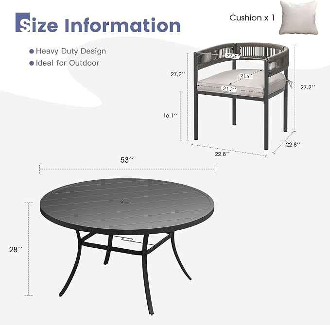 VICLLAX Patio Dining Set, 53" Black Table & 6 Chairs with Wheat Cushion | Outdoor Table and Chairs Set of Round Metal Patio Table, Outdoor Dining Chairs with Metal Frame, Garden Deck Porch