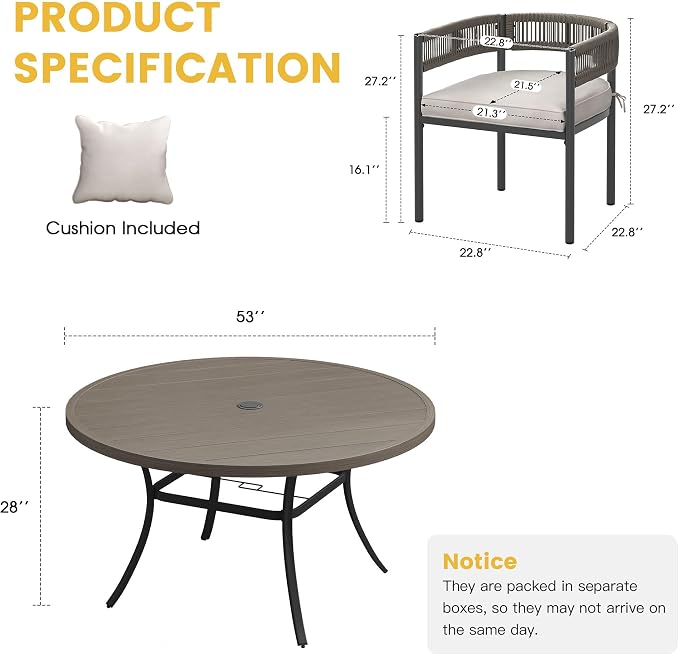 VICLLAX Patio Dining Set for 6-53" Round Table & Cushioned Wicker Seats