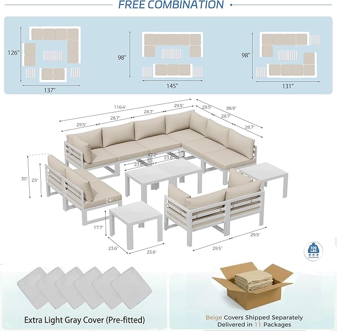 NICESOUL 14 Piece XL Aluminum Patio Sectional Furniture Set with Side Table, 500 lbs Heavy Duty Anti-Rust Outdoor Couch, 29" Extra Deep Wide Seating, High End Conversation Sofa for Poolside, Beige